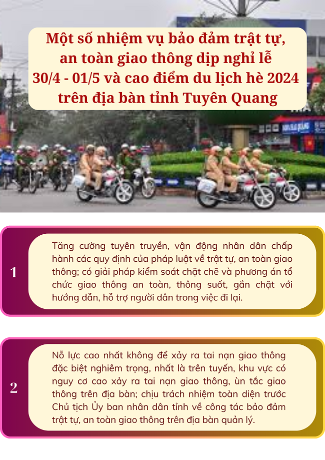 Một số nhiệm vụ bảo đảm trật tự, an toàn giao thông dịp nghỉ lễ 30/4 - 01/5  và cao điểm du lịch hè 2024 trên địa bàn tỉnh Tuyên Quang