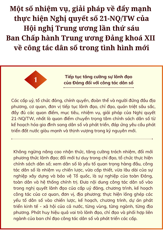 Một số nhiệm vụ, giải pháp về đẩy mạnh thực hiện Nghị quyết  số 21-NQ/TW của Hội nghị Trung ương lần thứ sáu Ban Chấp hành Trung ương Đảng khoá XII về công tác dân số trong tình hình mới