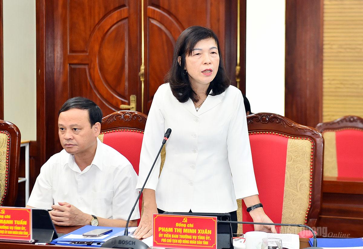 Đồng chí Phạm Thị Minh Xuân, Phó Chủ tịch HĐND tỉnh phát biểu tại hội nghị.