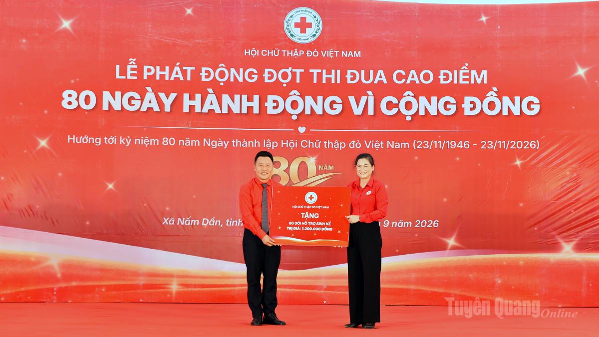 Đồng chí Chủ tịch Hội Chữ thập đỏ Việt Nam Đỗ Thị Thu Thảo trao gối hỗ trợ sinh kế cho Hội Chữ thập đỏ tỉnh.