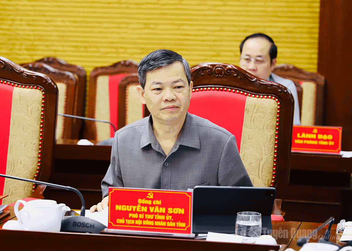 Chủ tịch HĐND tỉnh Nguyễn Văn Sơn phát biểu ý kiến tại cuộc họp.