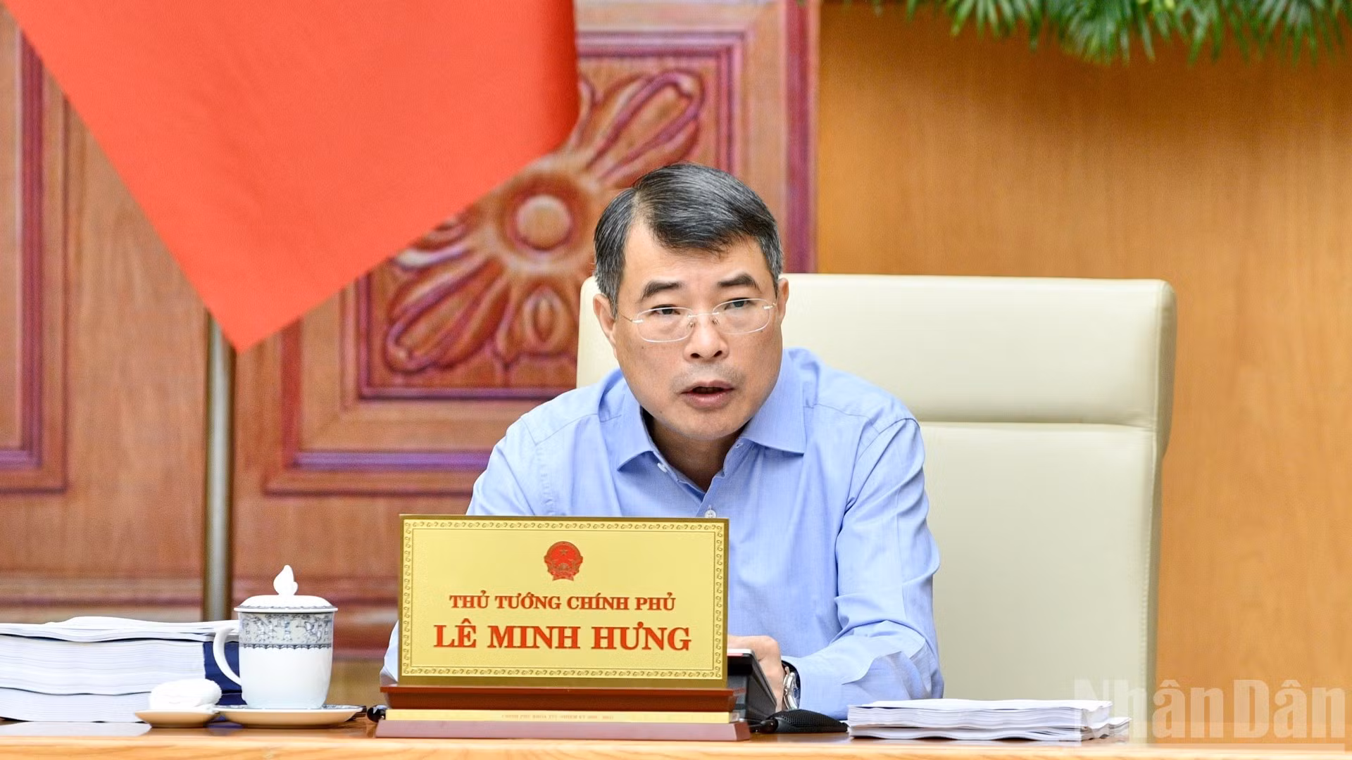 Thủ tướng Lê Minh Hưng phát biểu ý kiến tại cuộc họp. (Ảnh: THANH GIANG)
